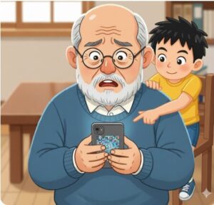 おじいちゃんがスマホを見る。後ろで孫がスマホの画面を指さすイラストです。