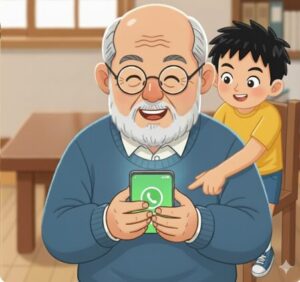 孫おじいちゃんに連絡先の場所を教えるイラストです