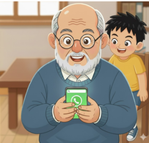 おじいちゃんスマホ画面見て次はどうすると孫に聞く画像です