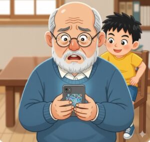 おじいさんがスマホを見て困った顔後ろに孫が椅子に座っているイラストです。
