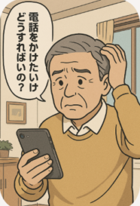電話をかけたいがどうすればいいのか困ってる高齢男性のイラストです。