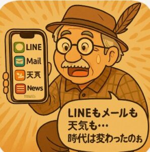 じいちゃんがiPhoneの通知画面を見て時代は変わったのとつぶやいてるiイラスト画像です。
