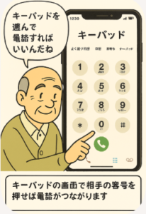 iPhoneの電話のキーパッドを指さしてこの画面で番号を押すんだねと言ってるイラストです。