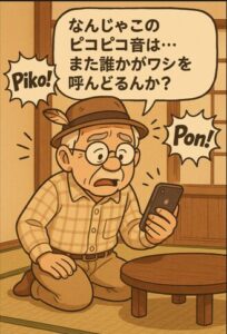 畳に響くピコピコ音。
iPhoneと格闘するじいちゃん、通知に混乱するじいちゃんのイラストです。