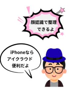 セリフ「顔認識で整理できるよ」おじいちゃんのイラストです。