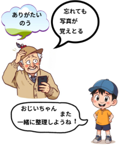 おじいちゃんと孫の会話のイラストです。