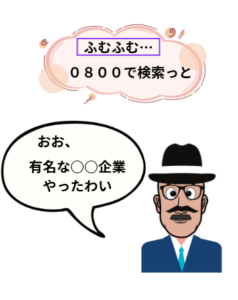 おじいちゃんのイラストです。セリフ「0800で検索っと　おお、有名な○○企業やったわい」