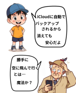 孫のセリフアイクラウドに自動でバックアップされるから消えても安心だよ。おじいちゃんのセリフ勝手に空に飛んで行くとは…魔法か　おじいちゃんと孫のイラストです。