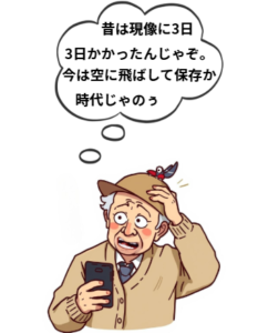 昔は現像に３日かかったんじゃぞとスマホを見るおじいちゃんのイラストです。