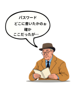おじいちゃんが手帳を見ながら「パスワードをどこに書いたかのぉ」と言っているイラストです。