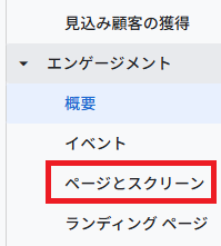 「GA4のエンゲージメント概要画面。赤枠で『ページとスクリーン』メニューが囲まれており、タップ箇所を示す操作ガイド画像」