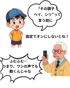 おじいちゃんと孫のイラストです。おじいちゃんと孫のイラストです。おじいちゃんのセリフ「わしの声でも動くんじゃな」孫のセリフ「へいSiriっていう前に設定オンにしてね」