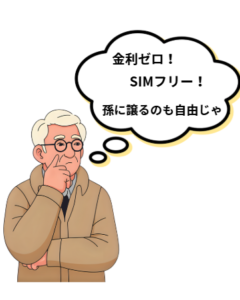 金利ゼロ　SIMフリー孫に譲るのも自由じゃと考えるおじいちゃんのイラスト画像です。