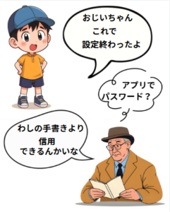 孫「おじいちゃん、これで設定終わったよ」と言っているイラストです。
おじいちゃん「わしの手書きより信用できるんかいな」と言っているイラストです。