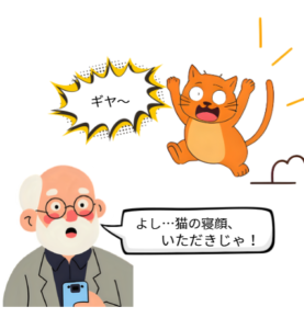 おじいちゃんが猫の寝顔を撮ろうとシャッターを押すと猫が驚いてギヤ～と飛び跳ねるイラストです。