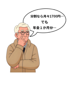 分割なら1700円…でも年金1か月分
顎に手をあてて考えるおじいちゃんのイラスト画像です。